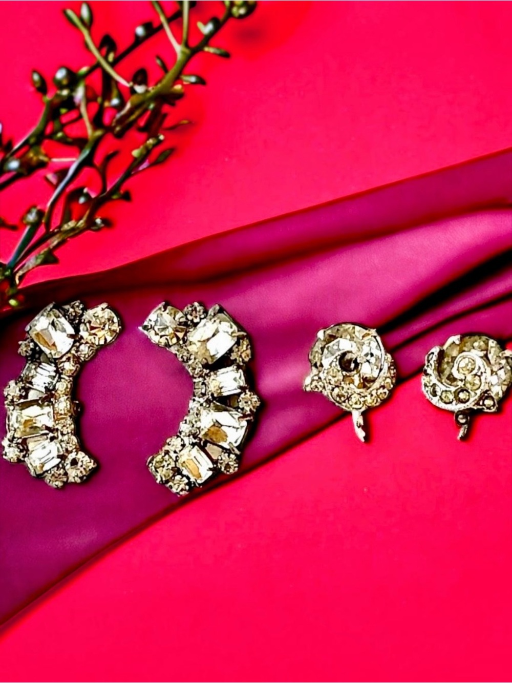 Vintage Weiss Crystal Rhinestone Clip On Earrings Signed + 1 unsigned pair FLAWS
